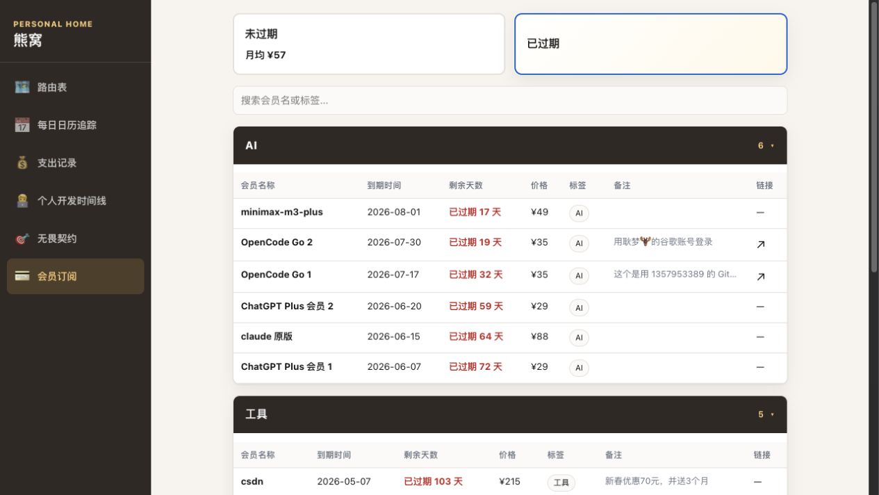 熊窝 v0.6.0 会员订阅页已过期筛选状态